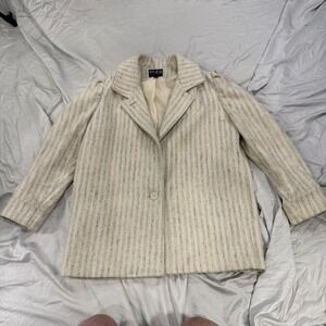 Vintage Elco Coat‎ Womens 5/6 White Striped Wool Blend Tweed Mid Length Overcoat